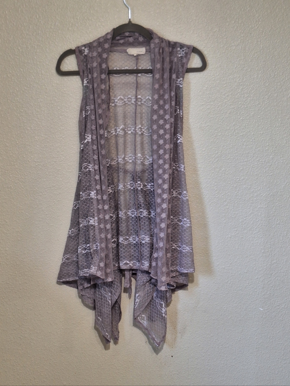 A’reve Lace Waterfall Vest S Boho Sheer Lavender Gray Tie Back